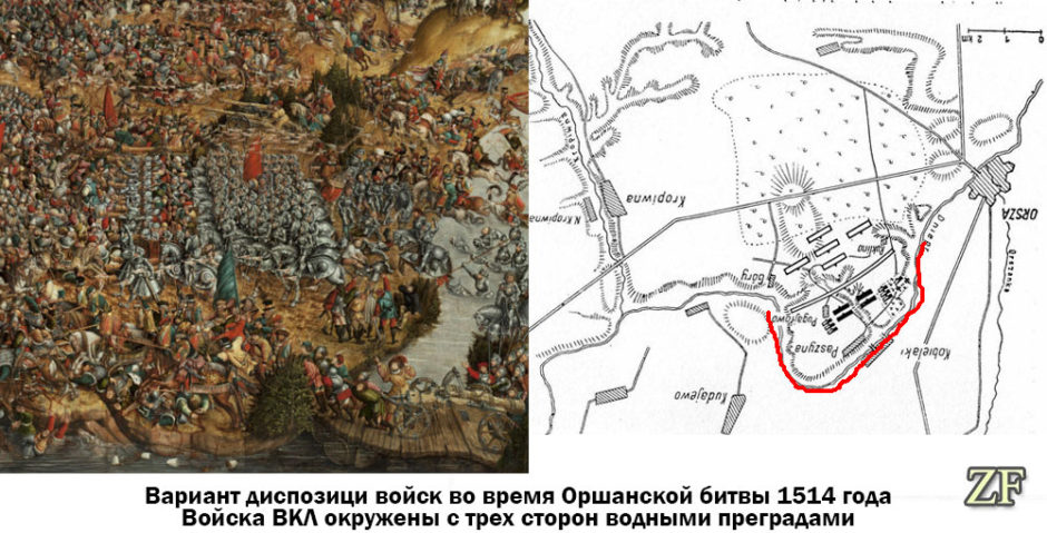 Предполагаемый вариант (вариант 1) расположения войск ВКЛ во время Оршанской битвы 1514 года